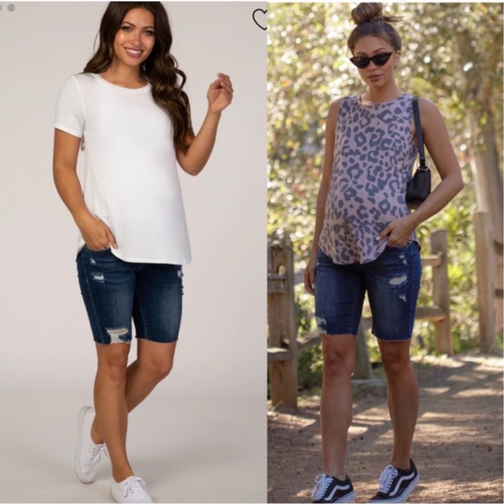 PinkBlush Blue Distressed Maternity Full Panel Bermuda Raw Hem Shorts